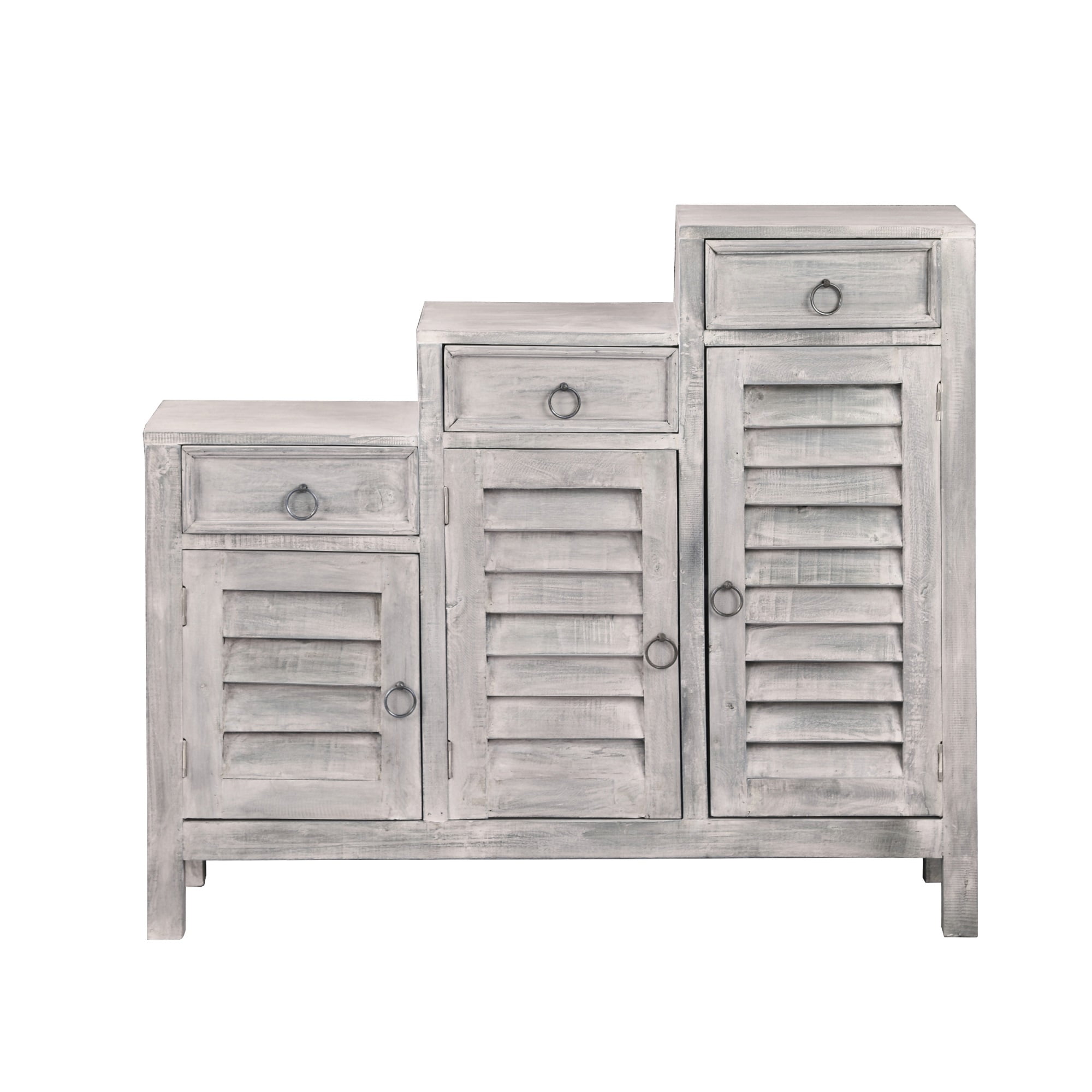 Distressed Light Gray Mahogany 3-Tier Shutter Cabinet