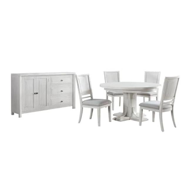 White Wood Oval Expandable Dining Table Set with Buffet and 4 Chairs