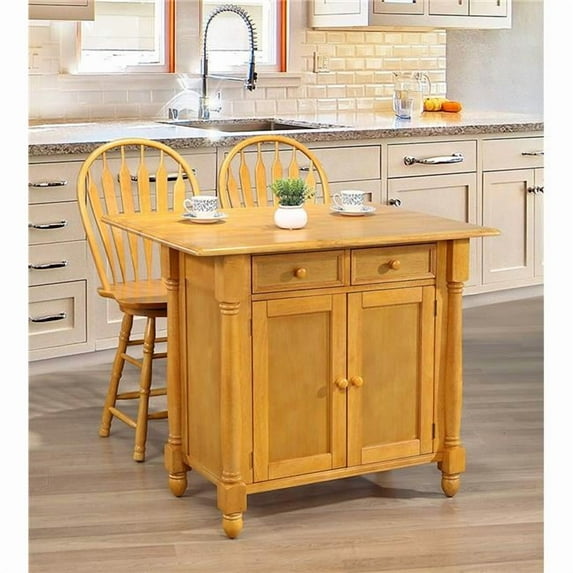 Sunset Trading Drop Leaf Kitchen Island Set with 2 Swivel Stools Drawers & Storage - Light Oak 3 Piece