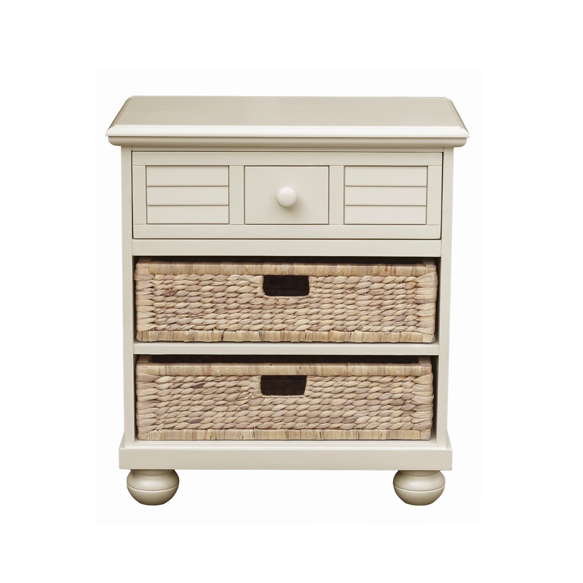 Coastal Cottage Charm Off-White Nightstand with Seagrass Basket