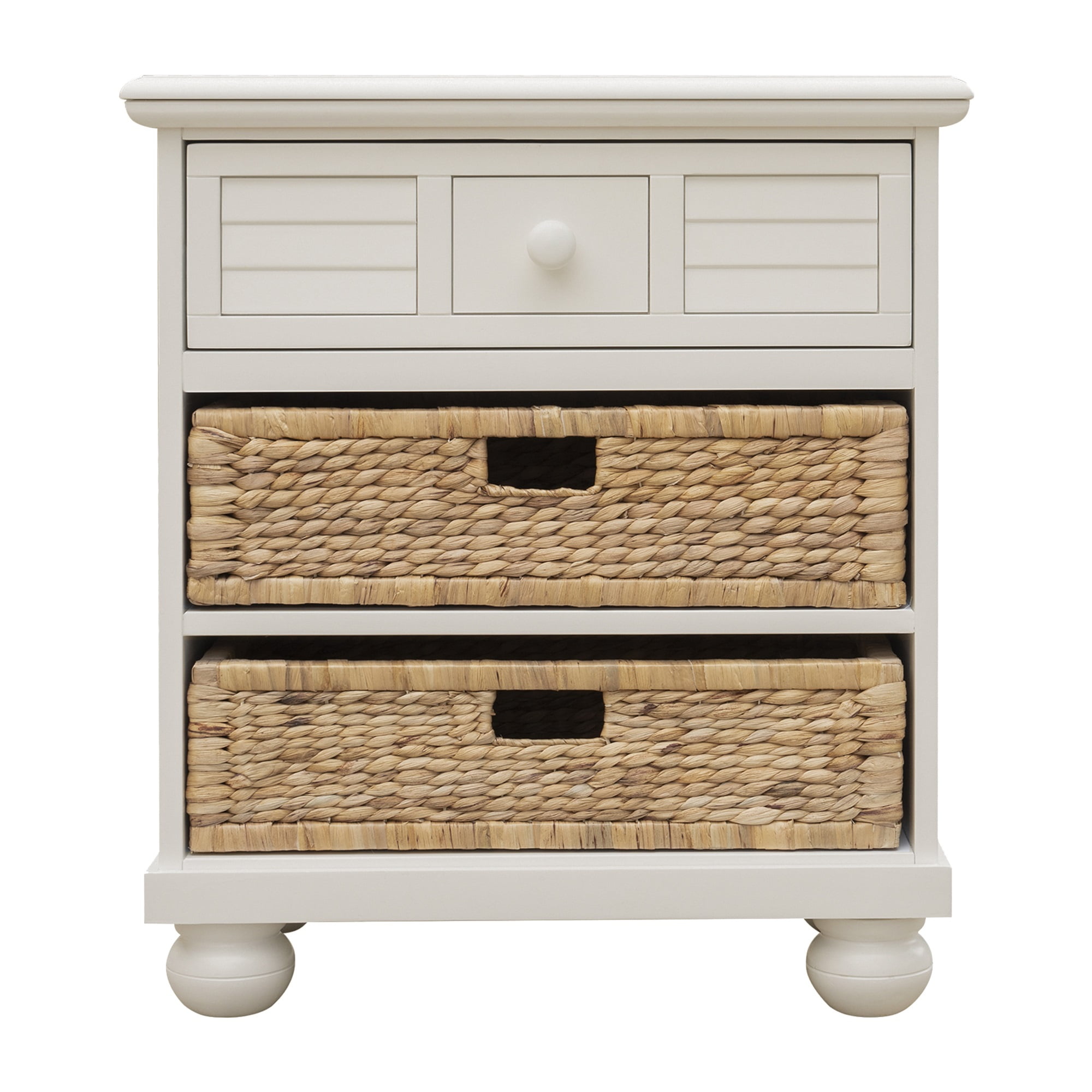 Coastal Cottage Charm Off-White Nightstand with Seagrass Basket
