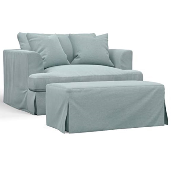 Sunset Trading Newport 52" Fabric Slipcover Chair & A Half with Ottoman in Blue