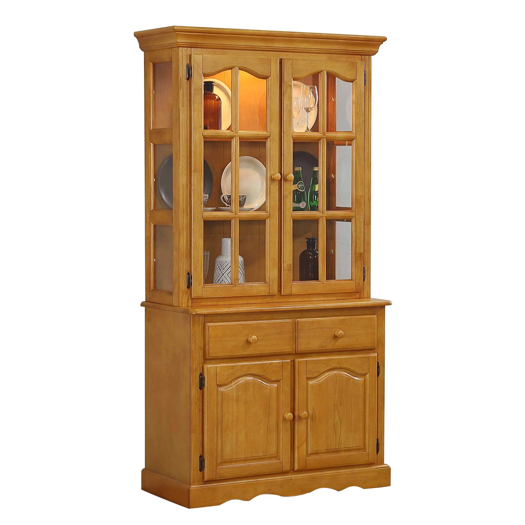 Light Oak Wood Lighted China Cabinet with Hutch