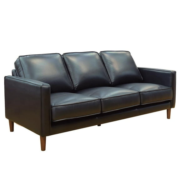 Sunset Trading Prelude 79" Wide Black Top Grain Leather Sofa | Mid Century Modern 3 Seater Couch