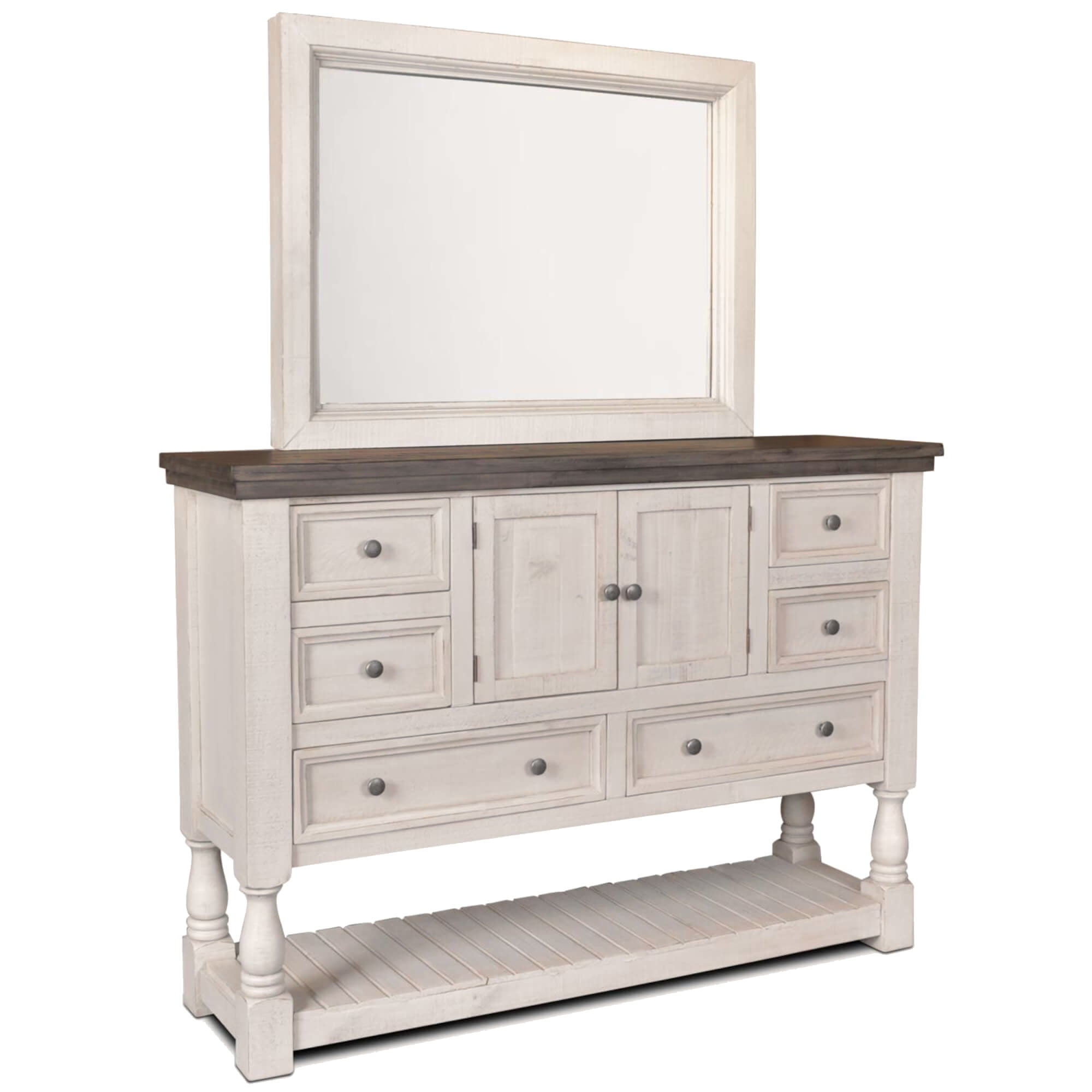 Coastal Breeze Rustic Farmhouse Dresser & Mirror Set, Distressed White & Brown