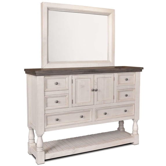 Sunset Trading Rustic French Dresser and Mirror Set - 6 Drawer - 2 Storage Cabinets - Large Display Shelf - Distressed White and Brown Solid Wood