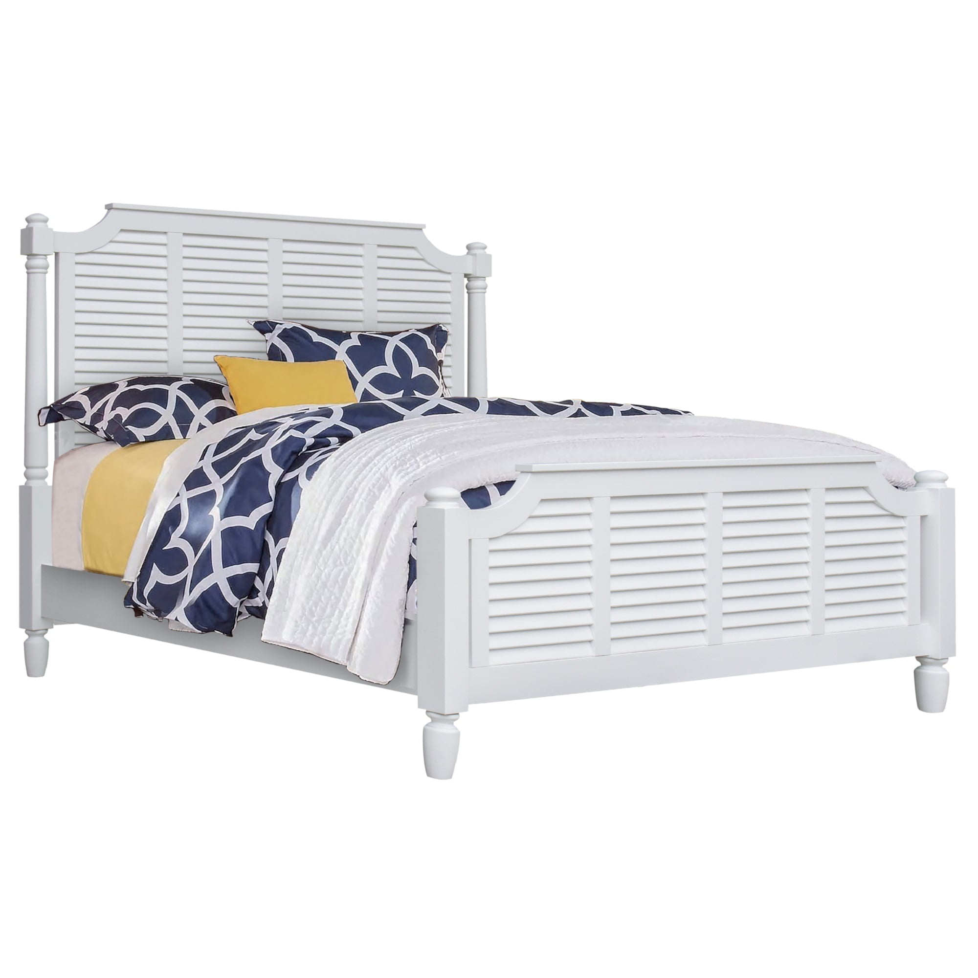 Crisp White Coastal King Bed with Open Shutter Headboard
