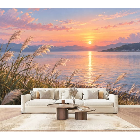 Sunset Tranquil Waters Wallpaper Grasses Mountains Sunset Lakeside Peel and Stick Wall Murals 100"H x 144"W Removable PVC Wall Paper Self-Adhesive Wall Decor for Bedroom Living Room