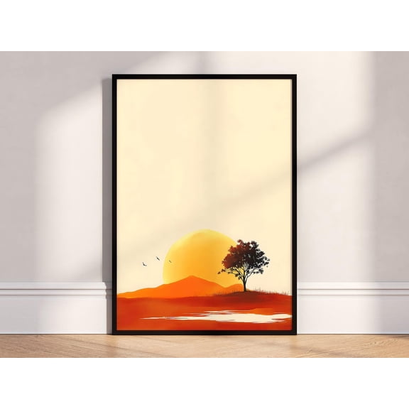 Sunset Tree Landscape Minimal Nature Art Contemporary Decor, Stretched Canvas