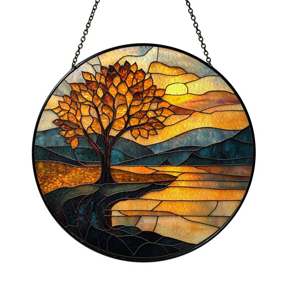 Sunset Tree Reflection Stained Glass Window Decor, Scenic Nature Suncatcher For Meditation And Relaxing Spaces