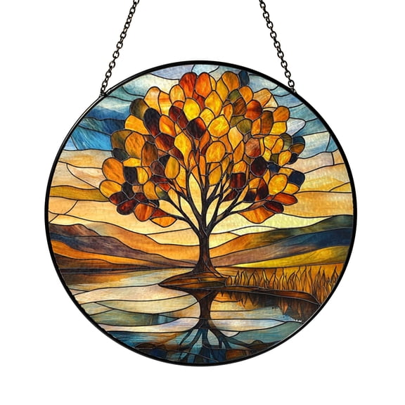 Sunset Tree Reflection Stained Glass Window Hanging Peaceful Nature Inspired Art