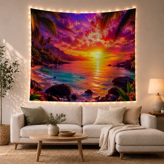 Sunset Tropical Beach with Palm Trees and Volcanic Rocks, Serene Coastal for Beach Lovers, Seaside Wall Decor, Housewarming Gift Tapestry Wall Hanging for Living Room and Bedroom