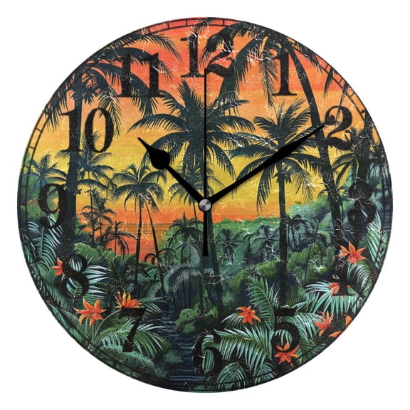Sunset Tropical Forest Silent Wall Clock 10" Non-Ticking Battery Clock