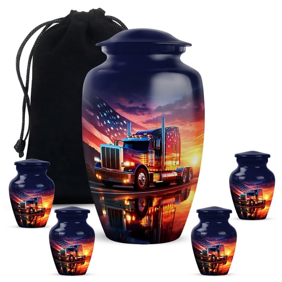 Sunset Truck Cremation Urn, 1 Large And 4 Mini Urn For Ashes, Trucker Tribute Funeral Urns For Adult Human Ashes, American Flag Memorial Urns, (Size 10 Inch 1 Pcs & Size 3 Inch, 2 Pcs)