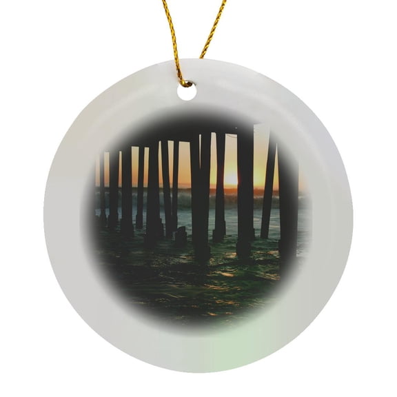3drose, Sunset under the Ventura Pier - Ocean, Seascape, Surf, Sunrise, Beach, Landscape, California, Shore, Circle Porcelain Ornament
