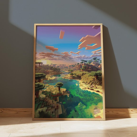 Sunset Valley Pixel Landscape Poster – Block Style Gaming Wall Art Print 8x12 UNFRAMED