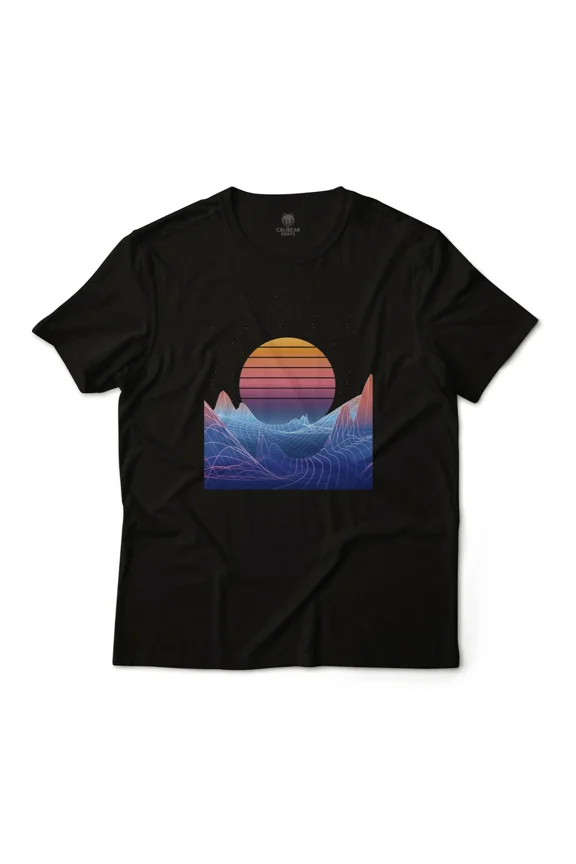 Sunset Vaporwave Synthwave Retro Electronic Style Graphic Art Unisex T-Shirt, up to Size 5XL