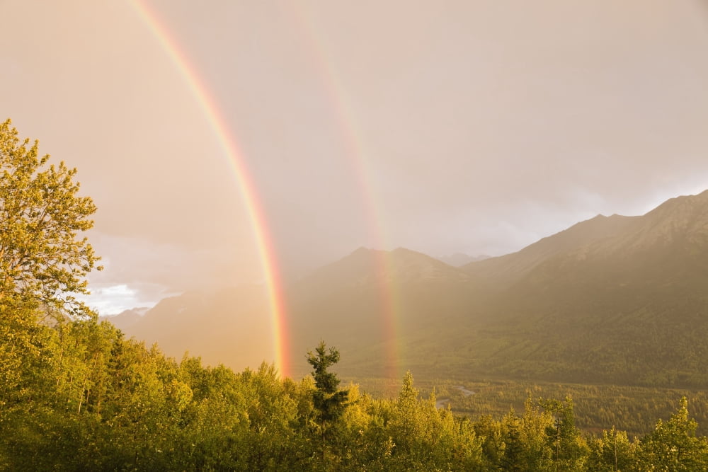 Sunset View Of A Double Rainbow Arching Over Eagle River Valley After A Passing Storm Southcentral Alaska Summer Canvas Art - Ray Bulson Design Pics (19 x 12)