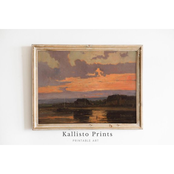 Sunset Over Village , Tranquil Evening Landscape Art Print Poster, Warm Tones and Reflections, Rustic Countryside Wall Art 107, Size 8x12 UNFFRAMED F03.1.6l2974