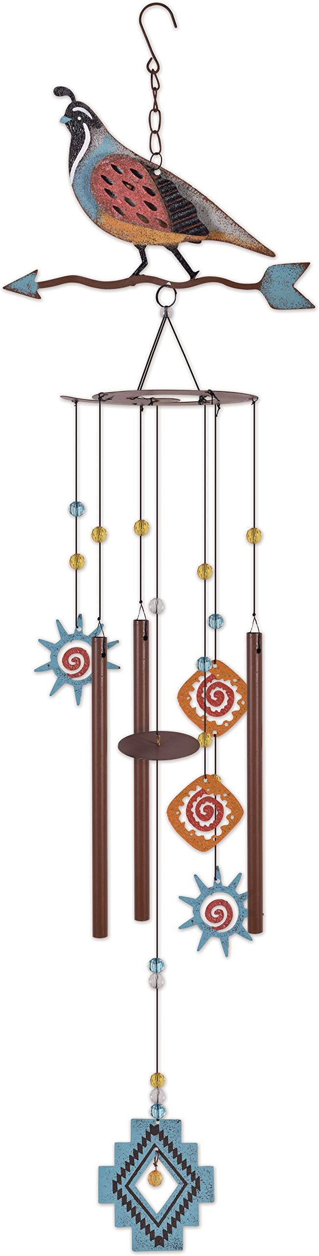 Rustic Metal Wind Chime with Quail and Sun Dials, 34-Inch