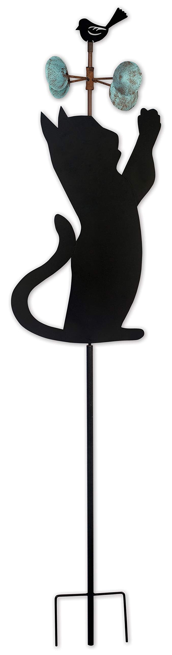 Black Metal Cat and Bird Garden Wind Spinner, 50-Inch