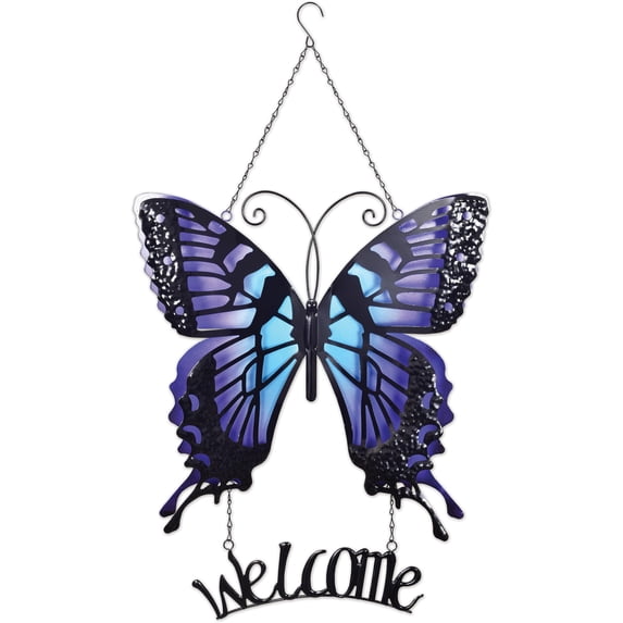 Sunset Vista Designs Home Décor - Large Handcrafted Metal Butterfly Welcome Sign for Front Door Patio or Porch, Purple