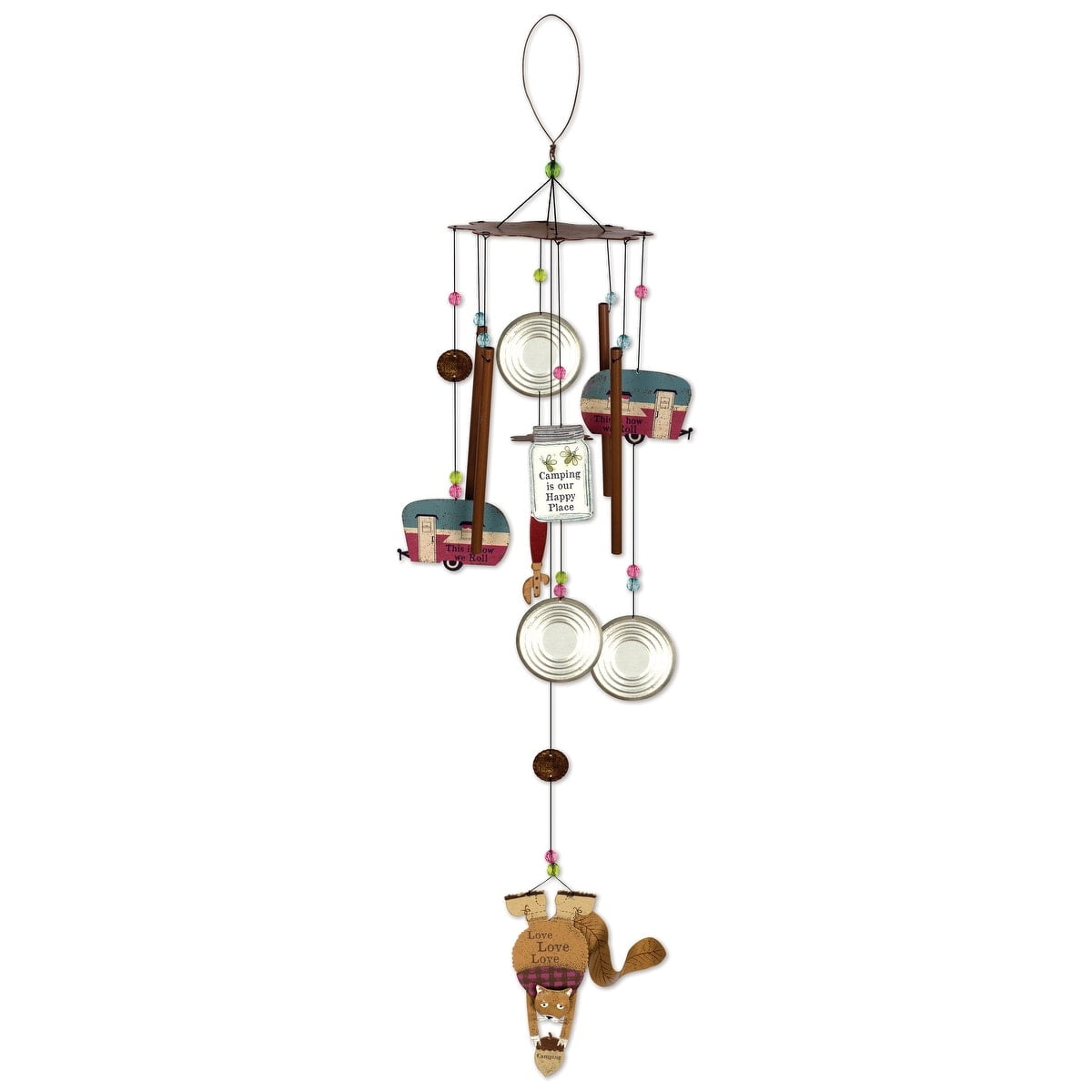 Rustic Metal Squirrel Camping Wind Chime with Retro Campers