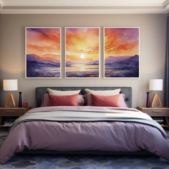 Sunset Watercolor Landscape Triptych Abstract Canvas Wall Art Set Set 3