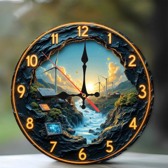 Sunset Waterfall Clock Green Energy Windmill 10-Inch Silent Wooden Wall Clock, Battery Operated (AA Batteries Not Included), Artistic Home Decor