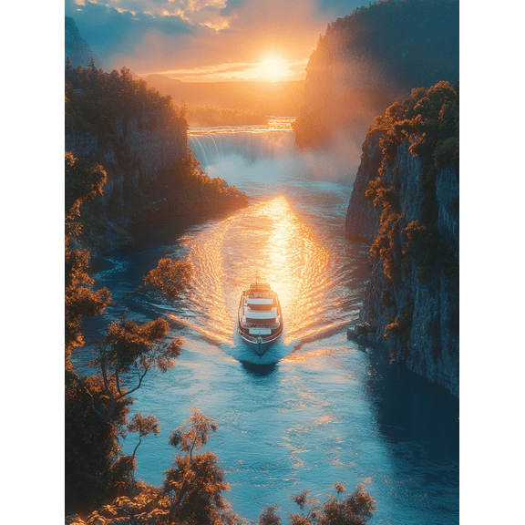 Sunset Waterfall Cruise Ship Canvas Print/Wall Art Suitable for Living Room Bedroom Office Bathroom and Hotel Decoration