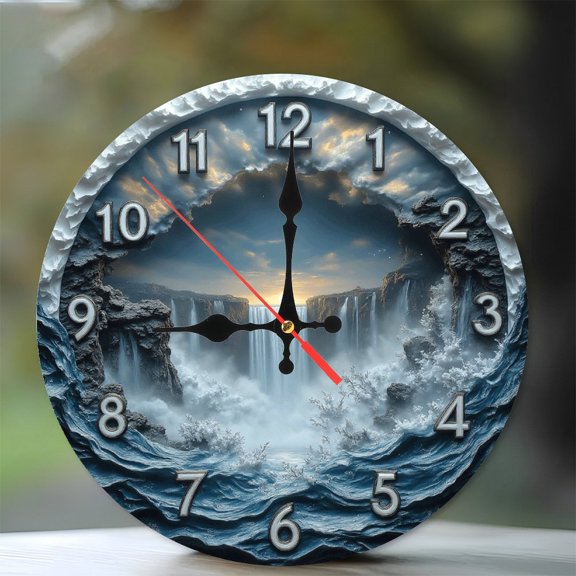 Sunset Waterfall Ocean Wall Clock 10-Inch Silent Wooden Wall Clock, Battery Operated (AA Batteries Not Included), Artistic Home Decor
