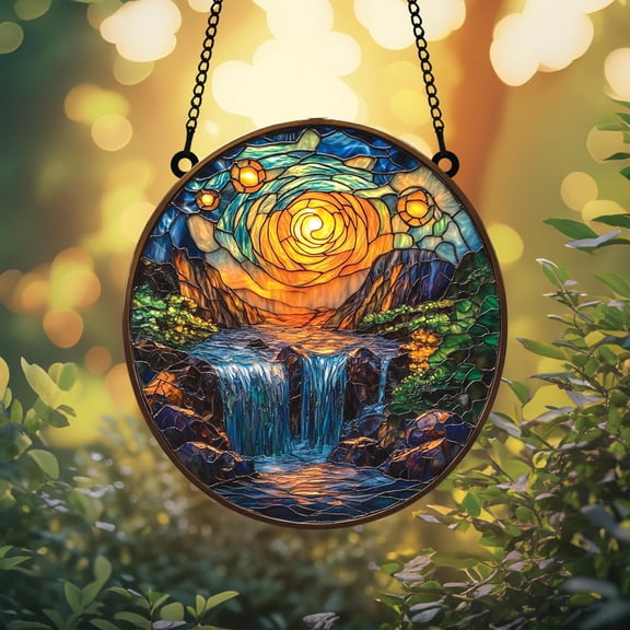 Sunset Waterfall Stained Glass Suncatcher - Vibrant Nature Scene, Mountain Stream Landscape, Glowing Swirl Sky Art Panel, Home Decor Gift, Window Hanging Ornament