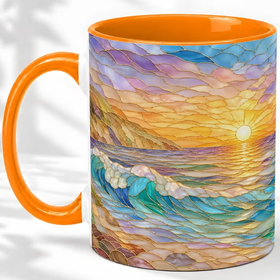 Sunset Wave Coffee Mug, Stained Glass Ocean Art, Coastal Daily Tea Sips