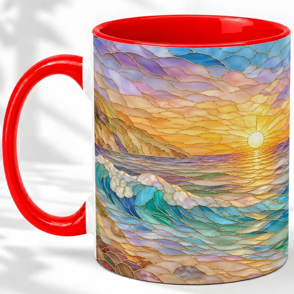 Sunset Wave Coffee Mug, Stained Glass Ocean Art, Coastal Daily Tea Sips