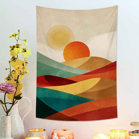 Sunset Waves Orange and Teal Tapestry, Abstract Geometric Decorative Wall Hanging, Modern Tapestries Aesthetic for Living Room, Bedroom, Home Decor 30x40 Inch