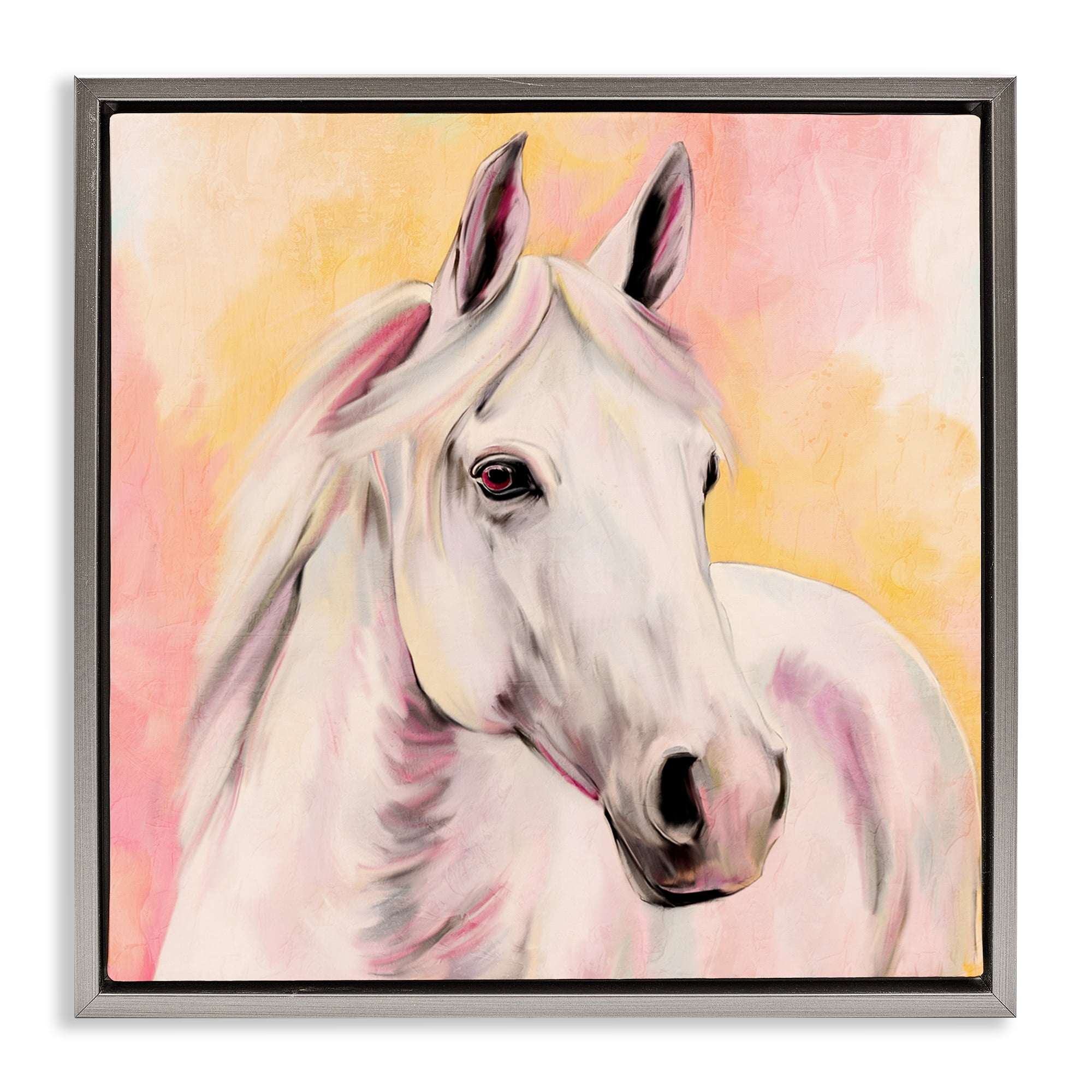 Sunset White Horse Gray Framed Floater Canvas Wall Art, design by Kim Allen