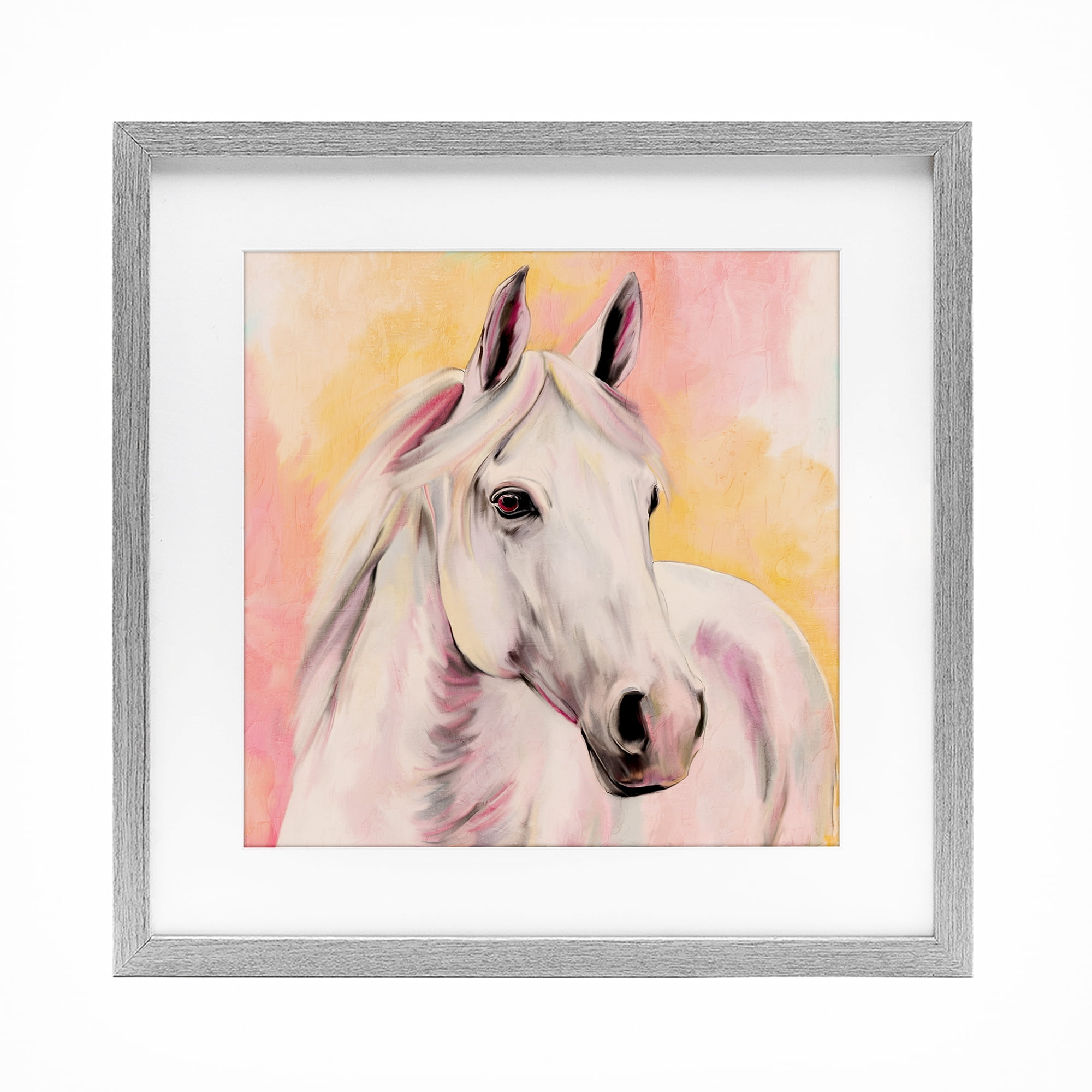 Sunset White Horse Gray Framed Print Under Glass, design by Kim Allen