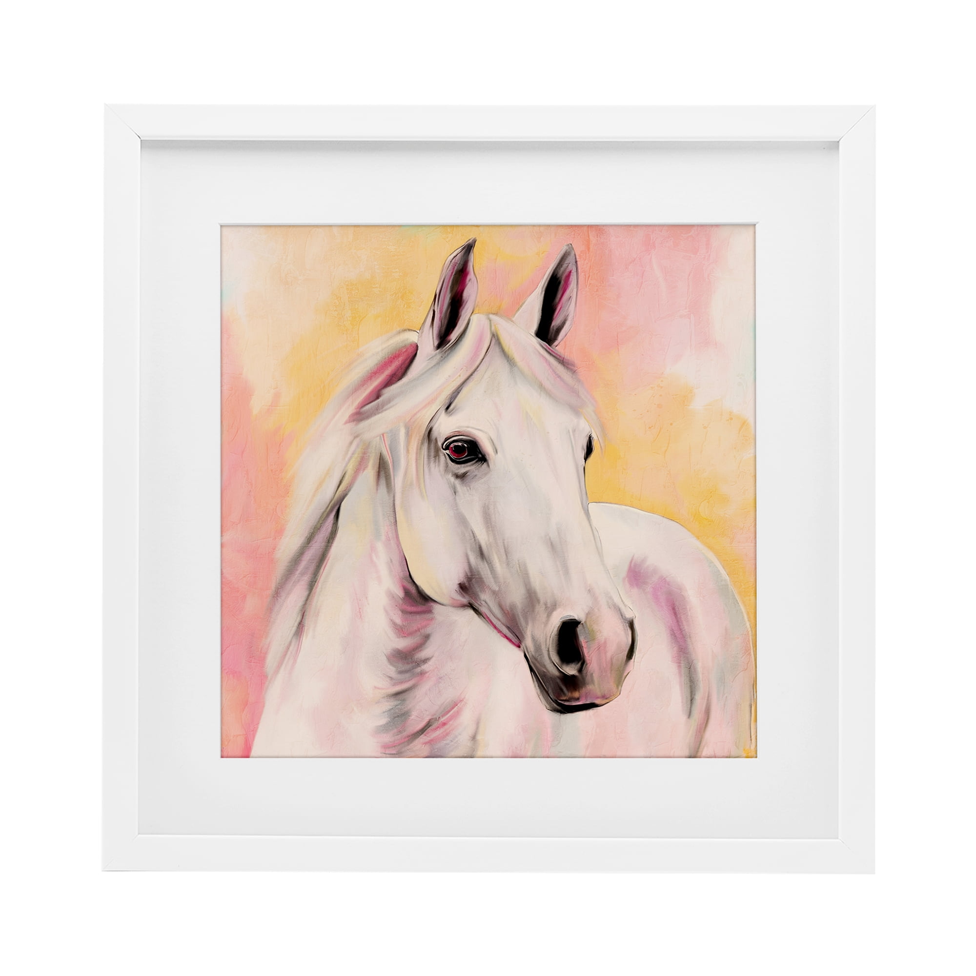 Sunset White Horse White Framed Print Under Glass, design by Kim Allen