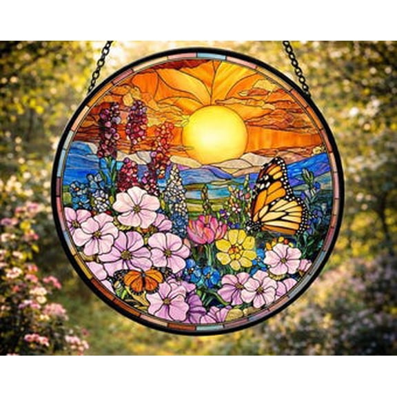 Sunset Wildflower Glass Suncatcher, Round Landscape Window Hanging, Colorful Rainbow Sky Glass Art Panel, Nature Lover Gift, 7.9 in