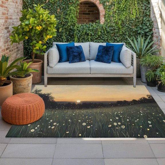 Sunset Wildflowers Indoor Outdoor Rugs 3x5 Ft, Rustic Floral Field Landscape Outdoor Patio Rugs Mat Washable Outside Area Rugs Carpet for Porch Deck RV Camping Pool Balcony Backyard