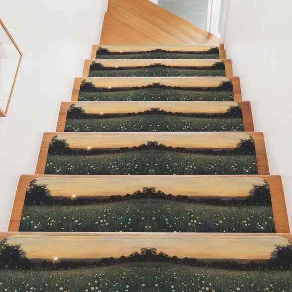 Sunset Wildflowers Stair Treads Non Slip for Steps Rustic Floral Field Landscape 4 Pcs Reusable Adhesive Stair Runner Mats for Dogs Elders Carpet Treads Rugs for Staircase 8x30 In