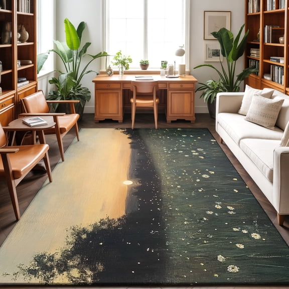 Sunset Wildflowers Washable Area Rug 9 x 12 ft Rustic Floral Field Landscape, Soft Non Slip Rugs Stain Repellent Indoor Felt Carpet for Living Dining Room Bedroom Home Office