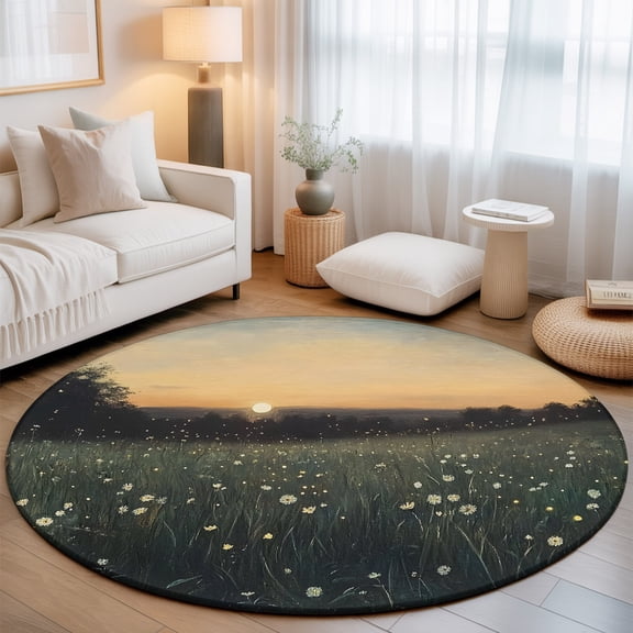 Sunset Wildflowers Washable Round Area Rug 3 ft, Rustic Floral Field Landscape, Soft Non Slip Rugs Stain Repellent Indoor Felt Carpet for Living Dining Room Bedroom Home Office
