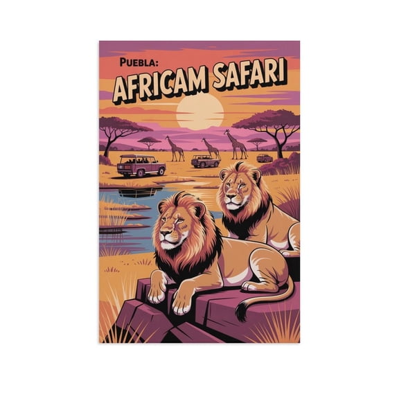 Sunset Wildlife Wall Art Africam Safari Puebla Mexico Vintage Travel Poster Lions Giraffes Safari Adventure Canvas Poster