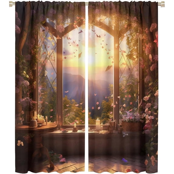 Sunset Window Beautiful Flower Landscape Theme Curtain, Pink Sun Ray Flower Butterfly Art Deco Curtain, Beautiful Window Scenery Room Living Room Blackout Curtain 2 Pieces 42x54in