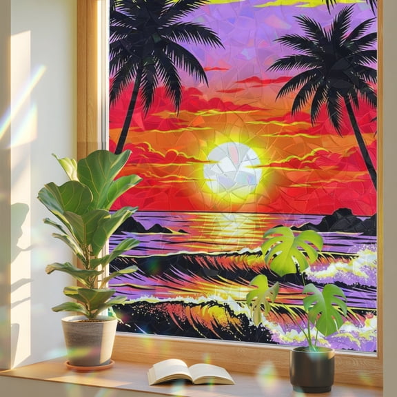 Sunset Window Privacy Film, Palm Trees Beach Coastal Ocean Summer Stained Glass Rainbow Film Decorative Window Clings, Static Cling Sun Blocking Stickers 17.7" x 39.3"