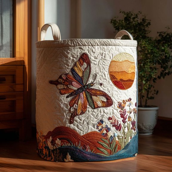 Sunset Wings Quilted Laundry Basket, Butterfly Sunset Hamper, Warm Floral Room Organizer