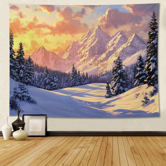 Sunset Winter Landscape Tapestry Christmas Tapestry Christmas Theme photography Backdrop Winter Tapestry Wall Hanging for Dorm Room Bedroom Wall Art Decorations 60x90 Inch