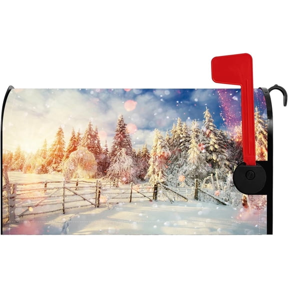 Sunset Winter Mailbox Cover Sunrise Pine Tree Forest Courtyard Snowflake Snowfield Magnetic Mailbox Covers Standard Size 18x21 Inch Christmas Mail Box Wraps Post Letter Cover for Yard Garden
