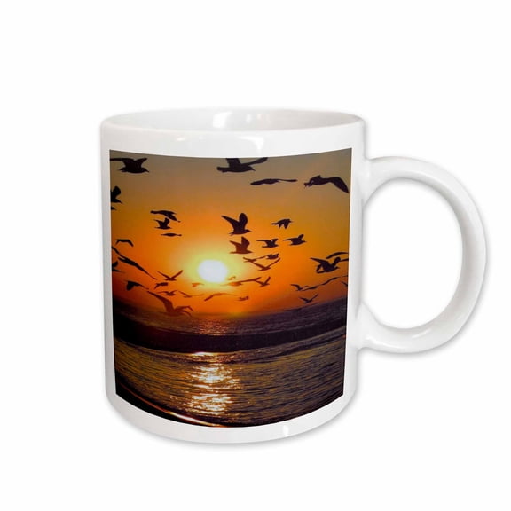 3drose, Sunset with Flock of Seagulls Flying Above Lake Erie Sunset, 15oz Mug